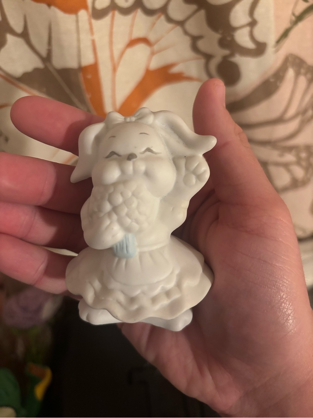 White Ceramic Cute Bunny Figurine with Light Blue Accent